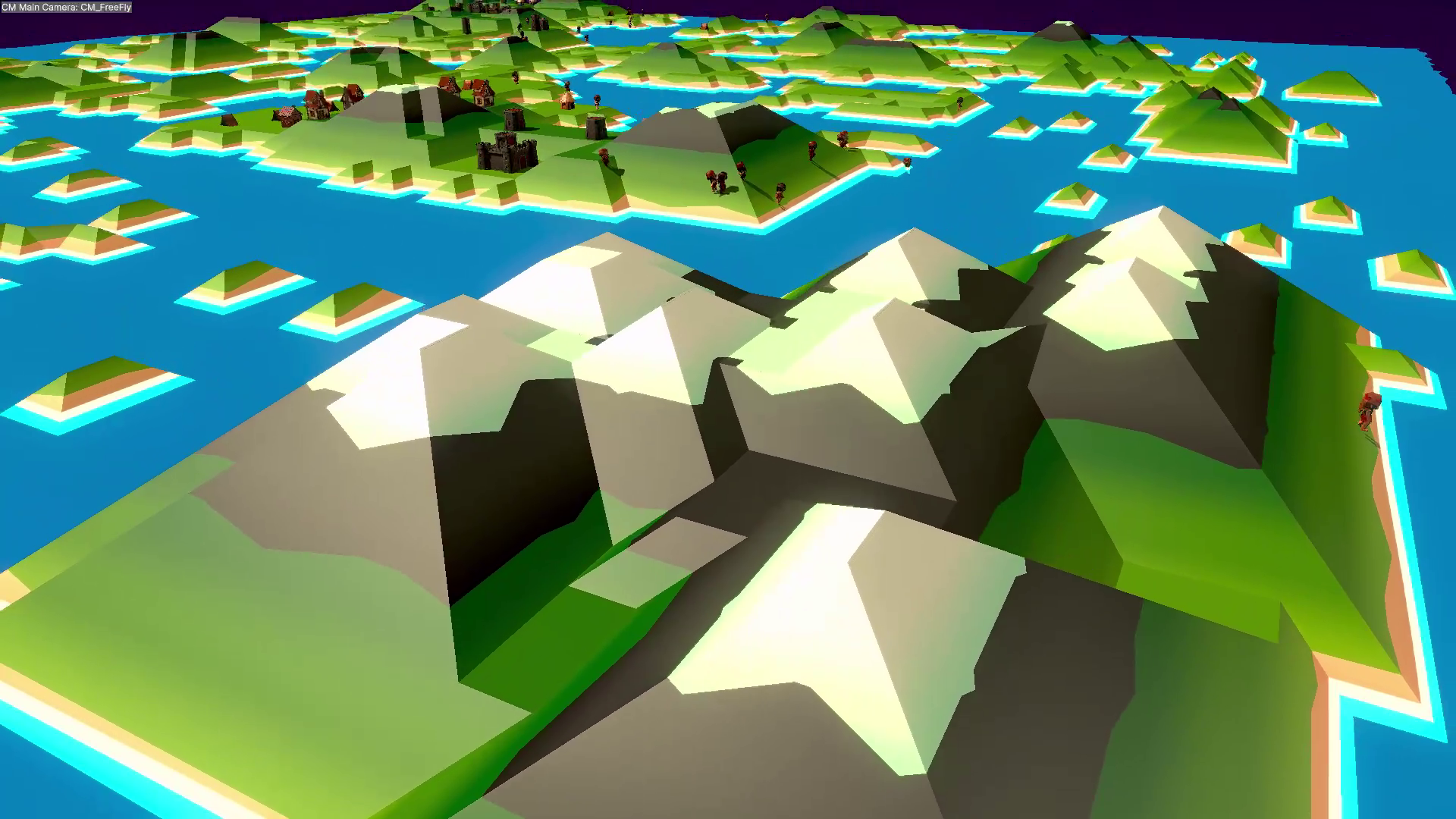 A God Complex world at dusk: a castle on the green coast, followers gathered below